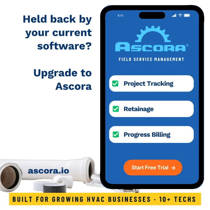 Ascora ad: a phone mockup with three feature checkmarks and a Start Free Trial button — "Built for growing HVAC businesses · 10+ techs".