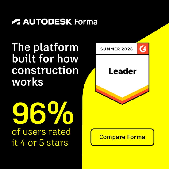 Autodesk Forma ad: black and yellow card with a G2 Leader badge — "The platform built for how construction works."