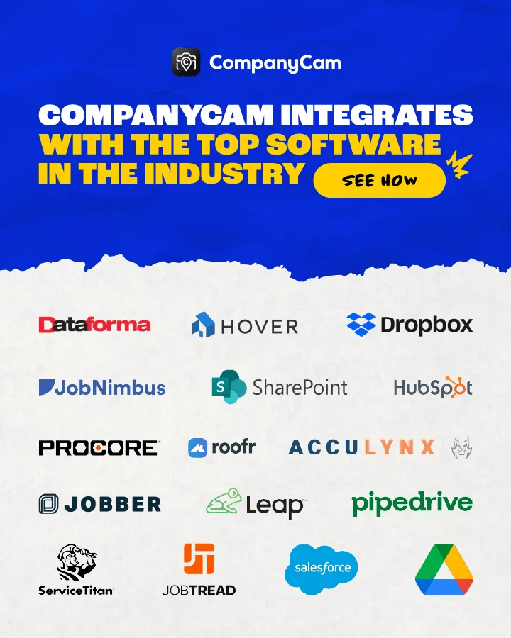 CompanyCam ad: a wall of 15 integration logos — Procore, HubSpot, Salesforce, ServiceTitan.