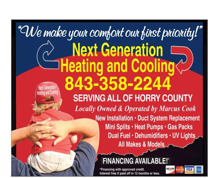 Next Generation Heating and Cooling ad: an old-school local flyer — a kid in a branded cap, big phone number, service list.
