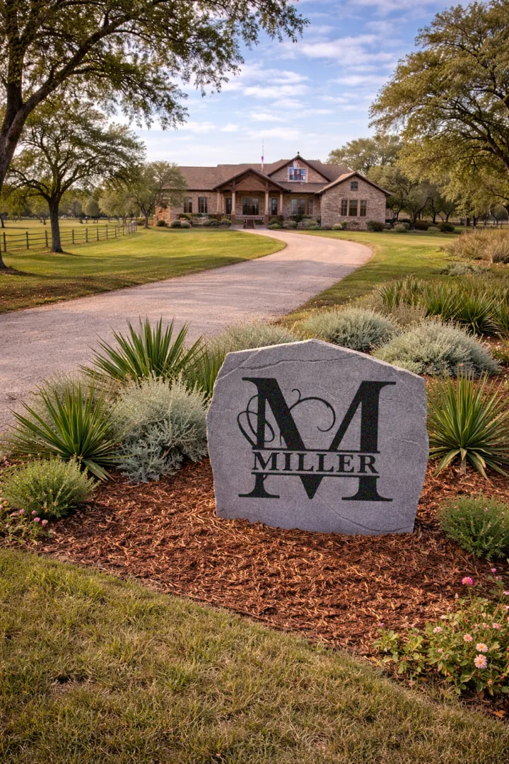 Design A Stone ad: an engraved monogram boulder set in mulch at a driveway entrance, with a ranch house behind.
