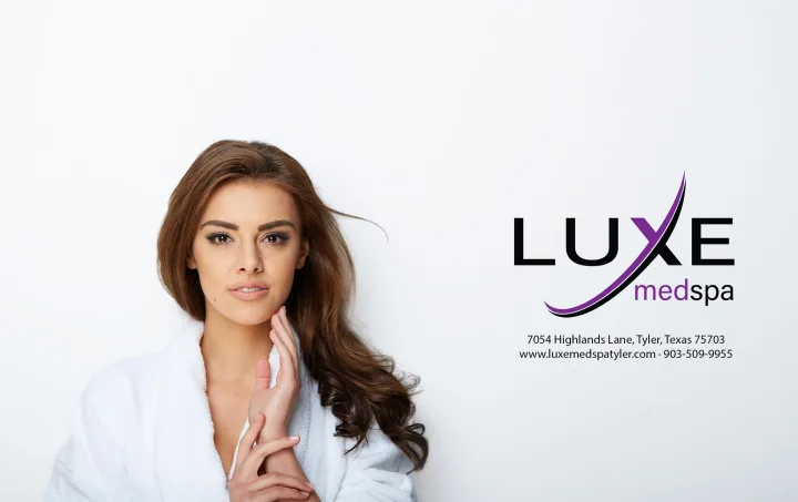 Luxe Med Spa ad: a polished brand card — a woman in a white robe beside the Luxe logo.