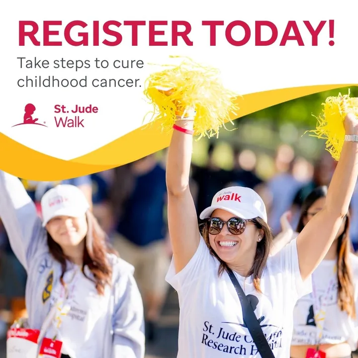 St. Jude Walk ad: walkers in St. Jude T-shirts cheer with yellow pom-poms under "Register today! Take steps to cure childhood cancer."