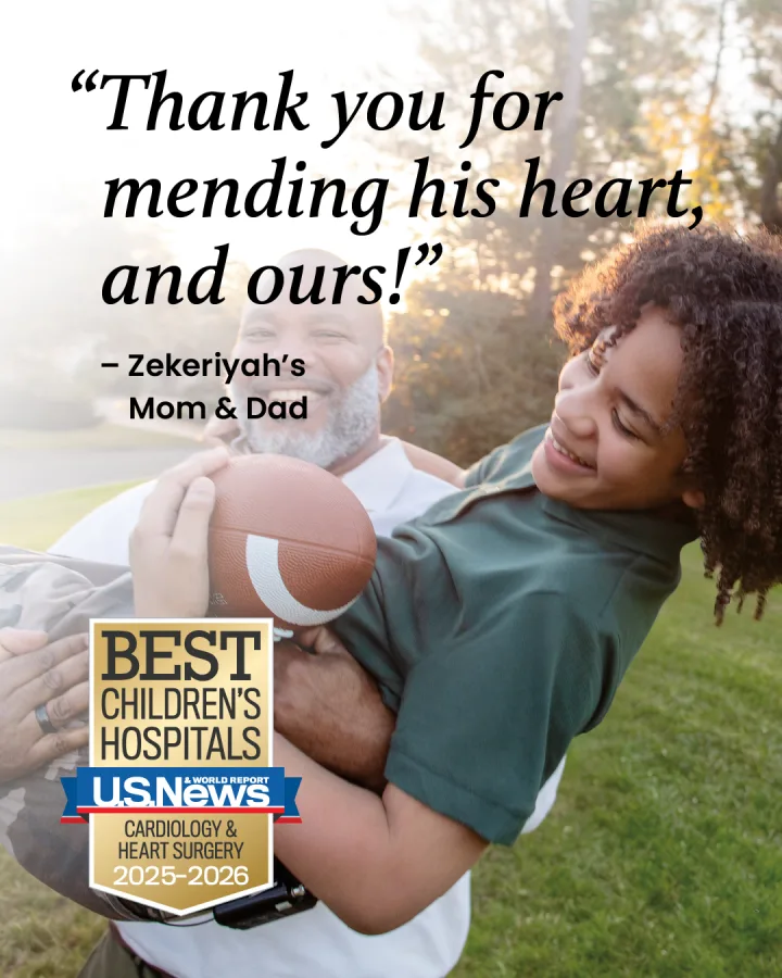 Texas Children's Hospital ad: "Thank you for mending his heart, and ours!" — a father carries his son with a football.