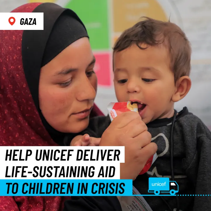 UNICEF USA ad tagged "Gaza": a mother feeds her young son from a food sachet, under the line "Help UNICEF deliver life-sustaining aid to children in crisis."