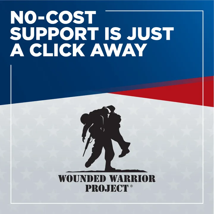 Wounded Warrior Project ad: the organization’s silhouette logo under the headline "No-cost support is just a click away," on a red, white and blue background.