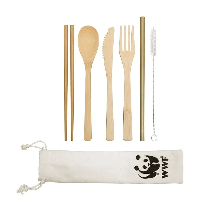 World Wildlife Fund catalog ad card: a bamboo utensil set — chopsticks, spoon, knife, fork, straw and brush — with a WWF-branded drawstring pouch.