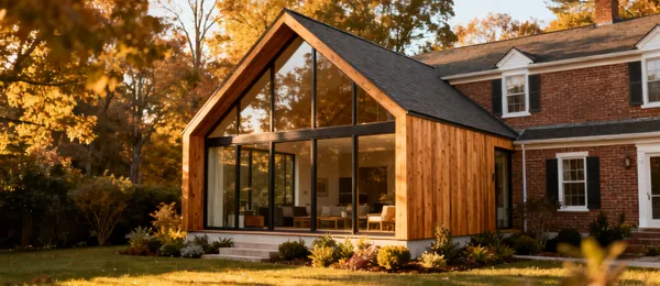 A timber-clad glass gable addition on a brick house, lit warmly at dusk.