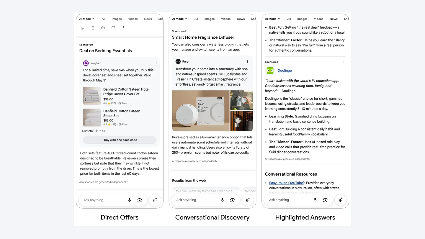 Three sponsored ad formats Google showed for AI Mode: Direct Offers, Conversational Discovery and Highlighted Answers