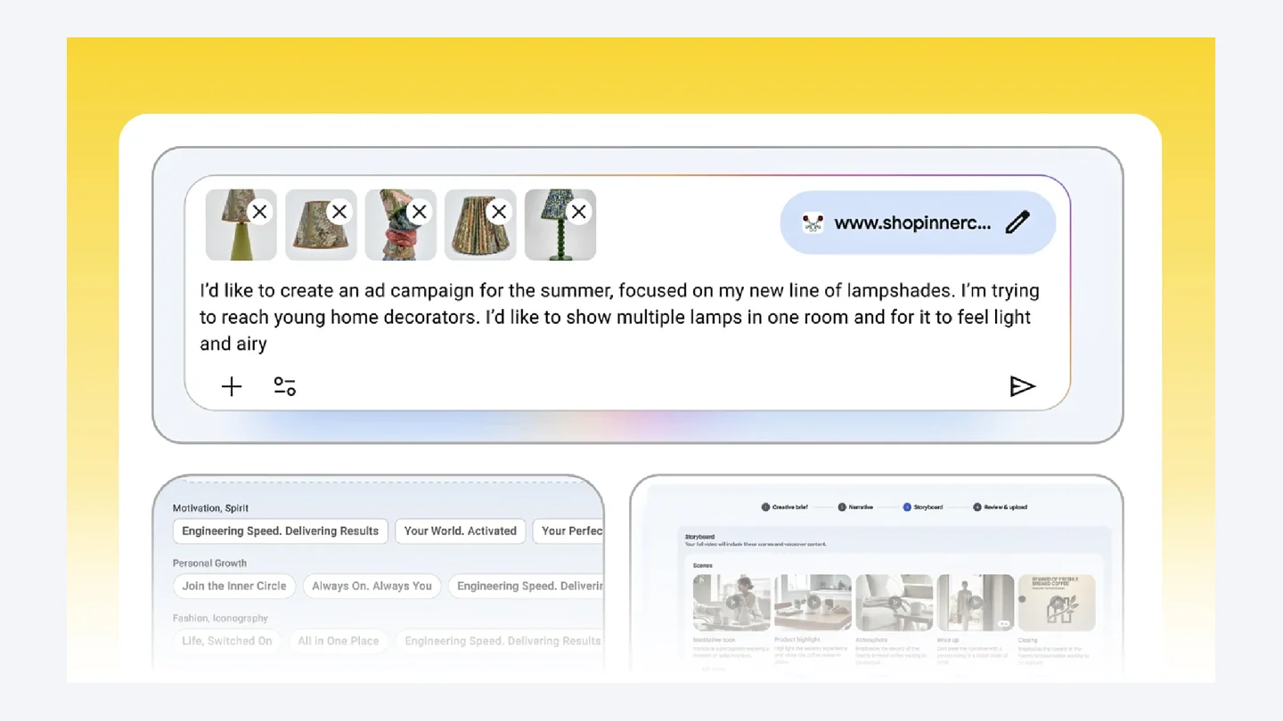 Google Ads Asset Studio prompt box with product images and a written campaign brief that generates text, image and video concepts