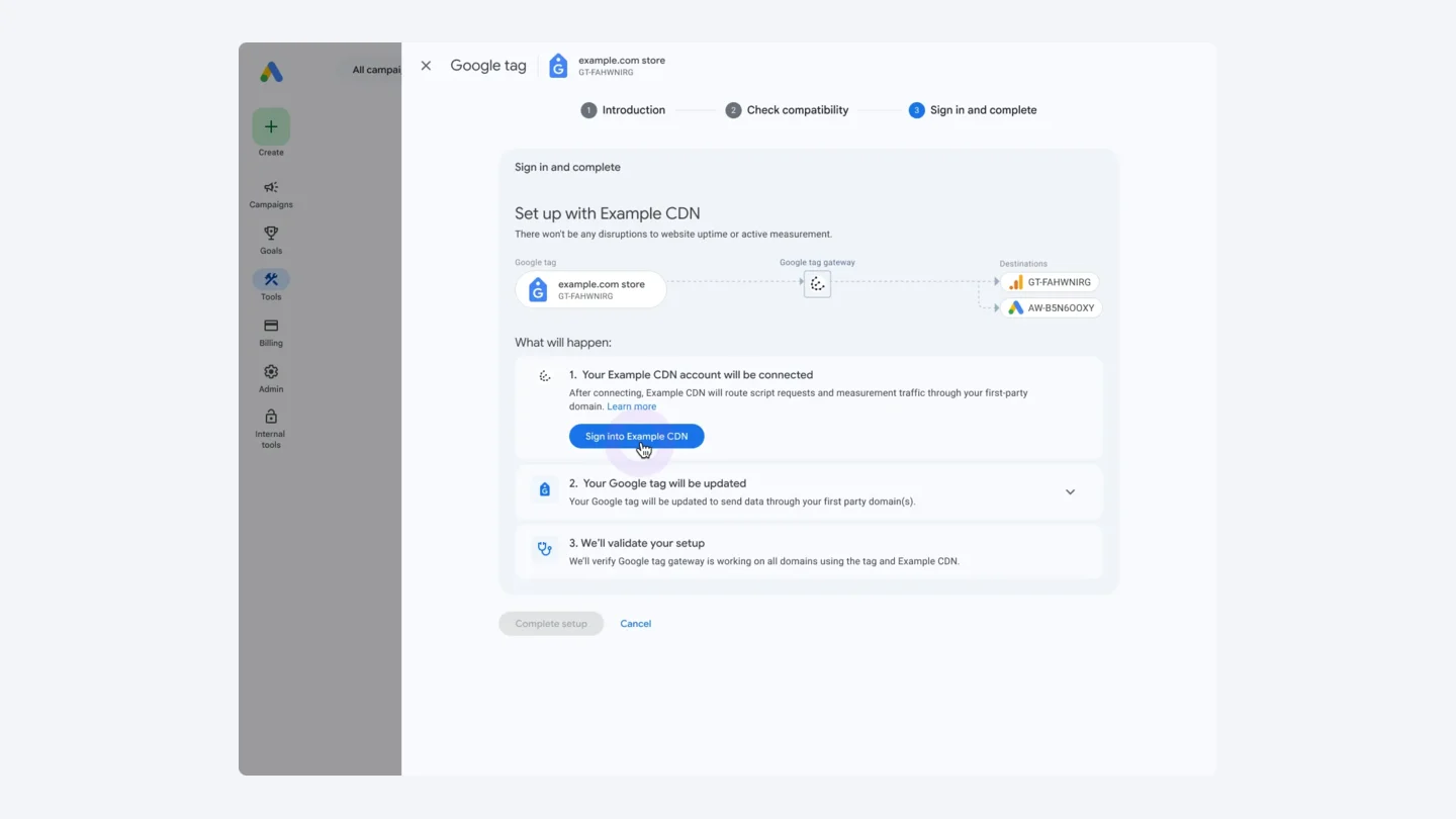 Google tag screen for setting up Google tag gateway by connecting a content delivery network, with Google validating the setup