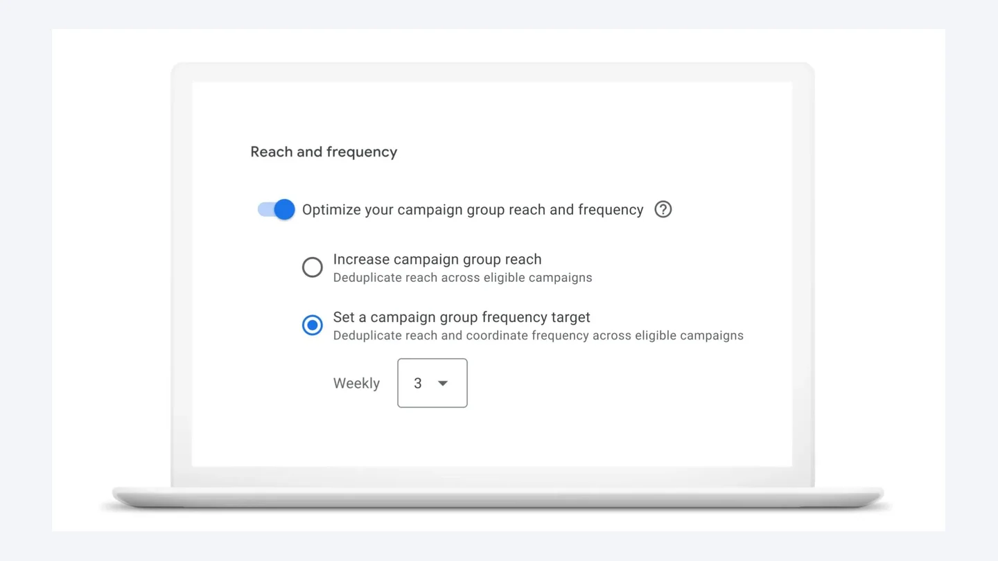Google Ads setting to optimize reach and frequency across a YouTube campaign group, with a weekly frequency target