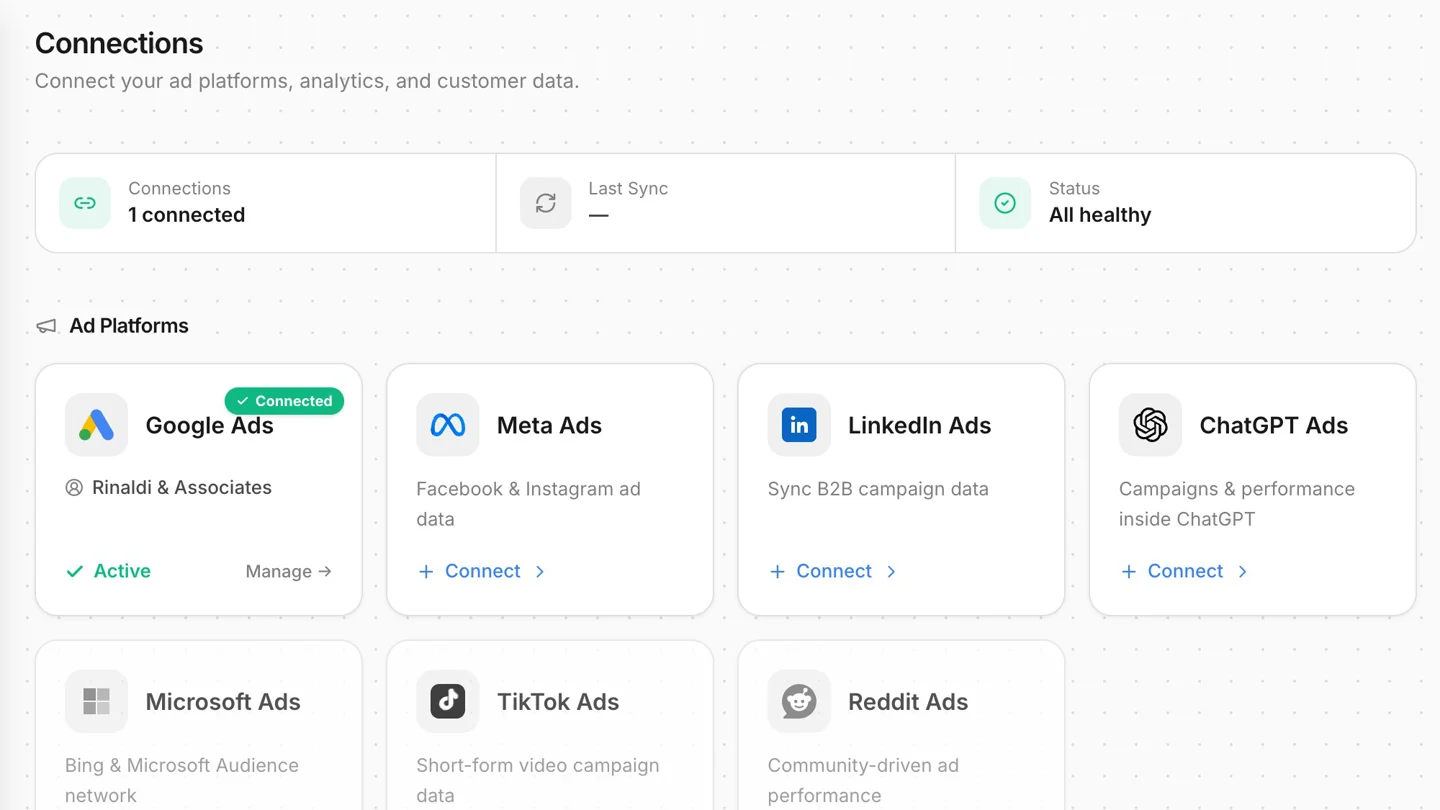 Bytown's connections screen with Google Ads connected and Meta, LinkedIn and ChatGPT Ads ready to connect